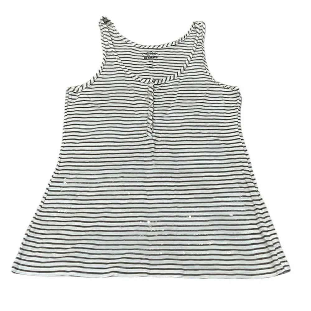 Old Navy szS tan/white stripped tank w/sequins on front raw edges on trim EUC